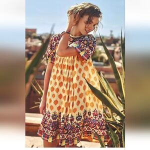 Anthropologie TANVI KEDIA S Caltha Swing Dress Yellow Red Beaded Boho Print‎ EUC